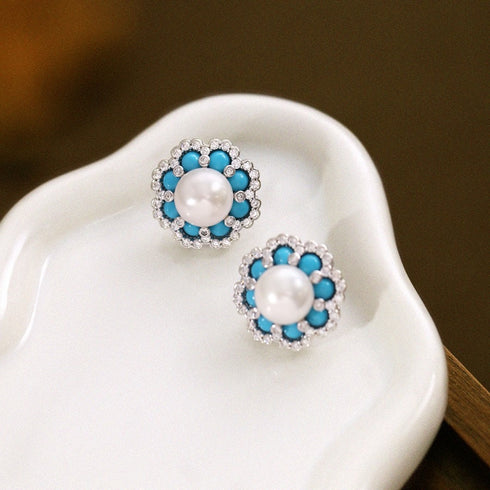 Flower Turquoise Pearl Stud Earrings
